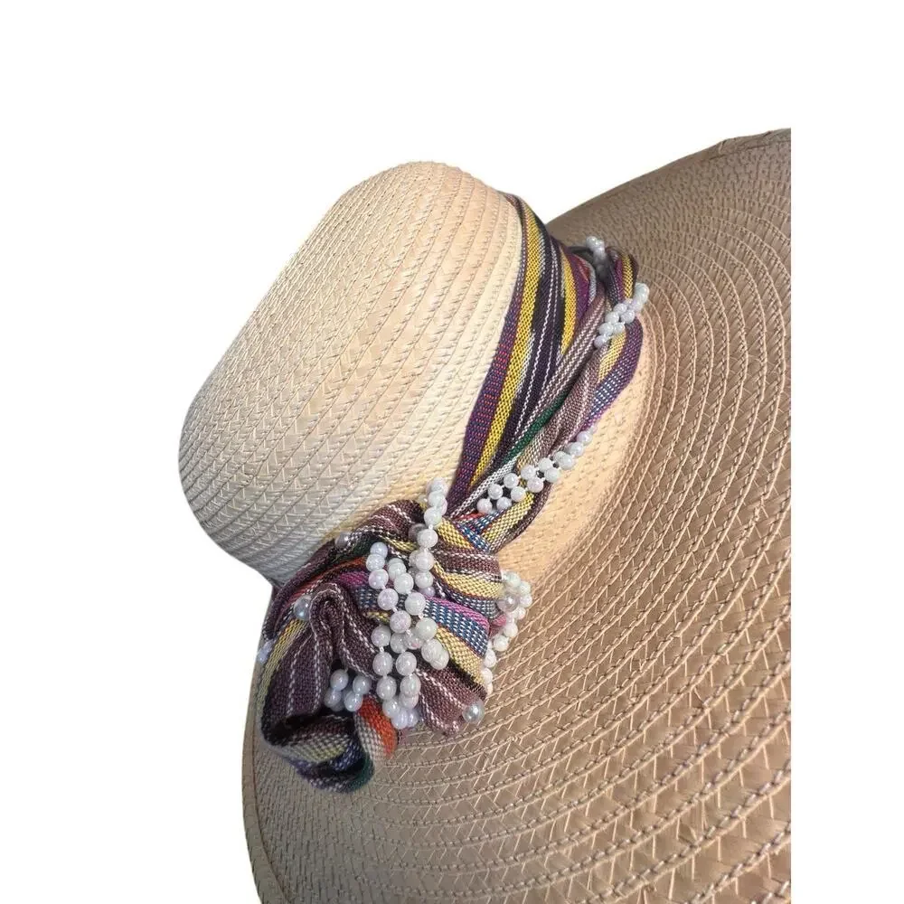 La Giralda Handcrafted Palm Leaves Sun Hat Sz 60 Multicolor Knot 90s Boho Resort - Picture 12 of 13